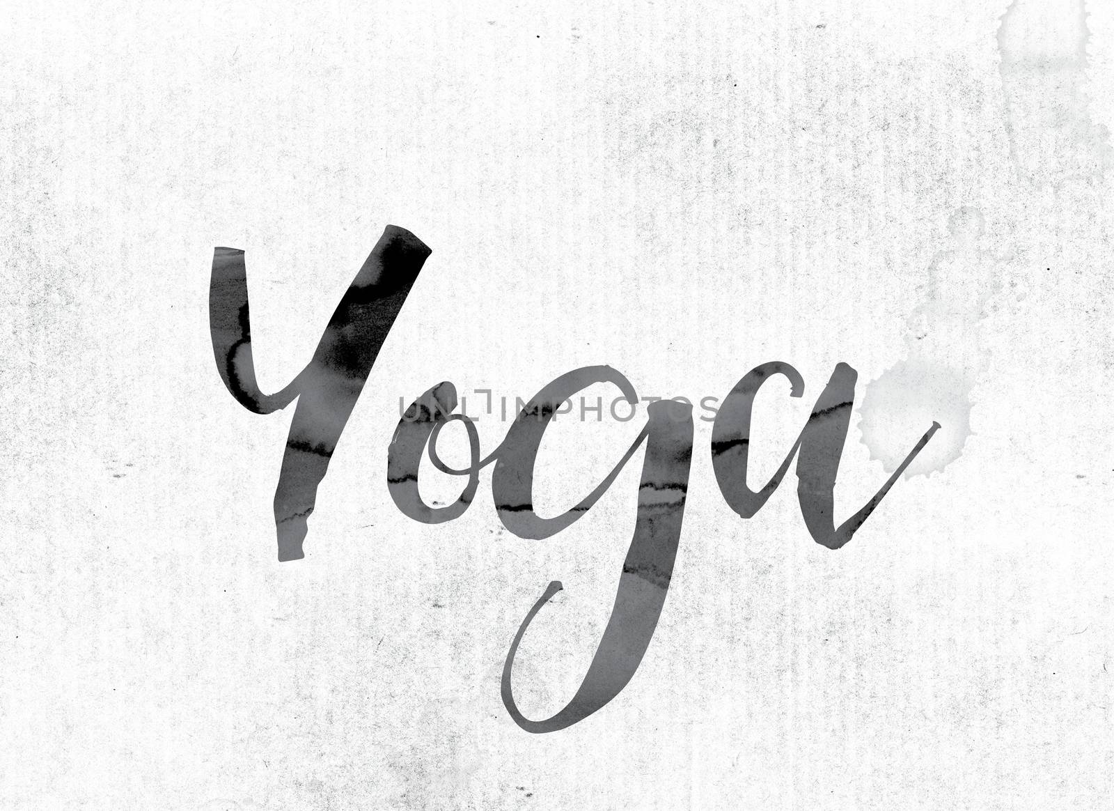 The word "Yoga" concept and theme painted in watercolor ink on a white paper.