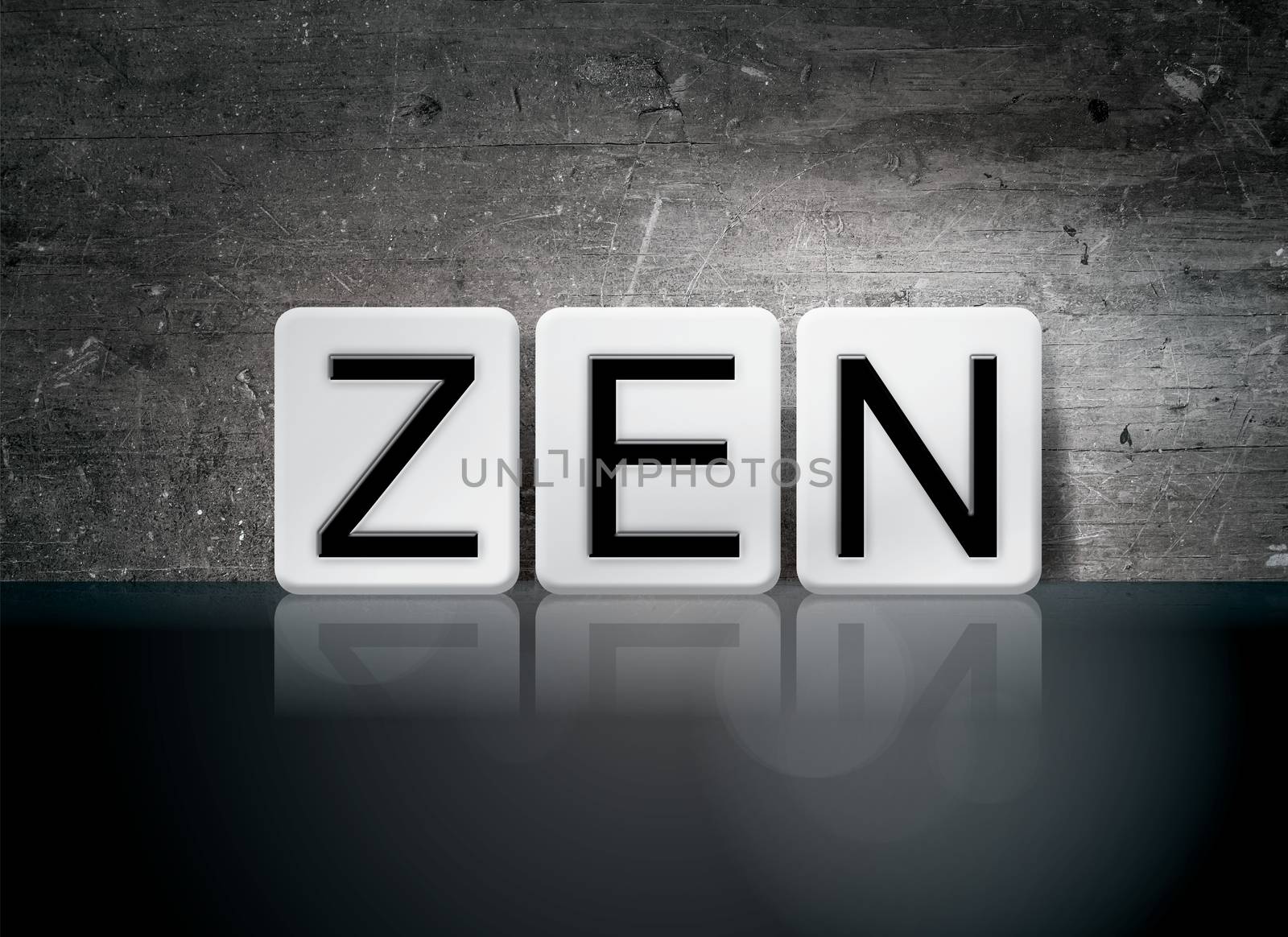 The word "Zen" written in white tiles against a dark vintage grunge background.