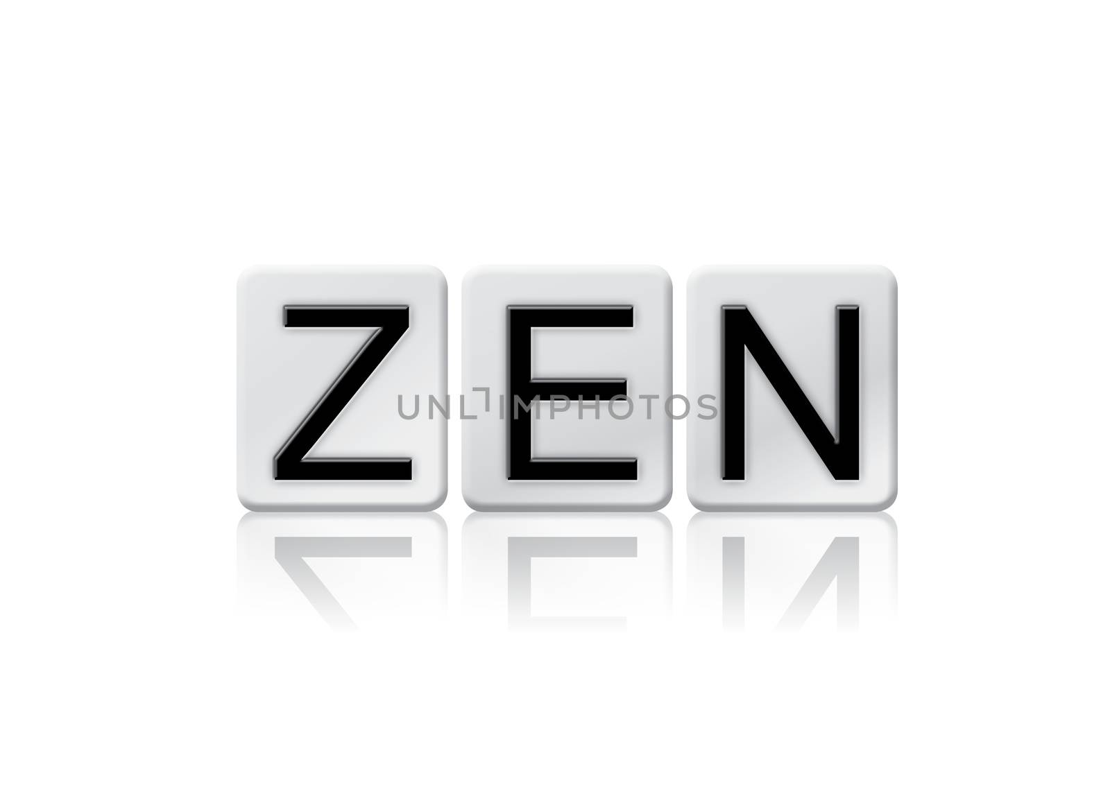 The word "Zen" written in tile letters isolated on a white background.