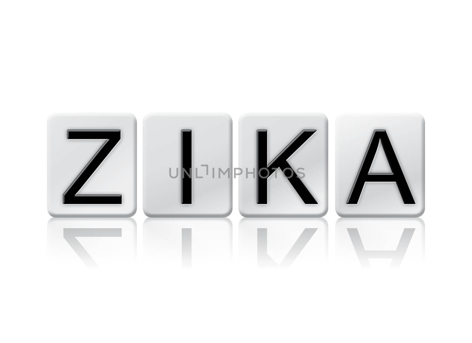 The word "Zika" written in tile letters isolated on a white background.