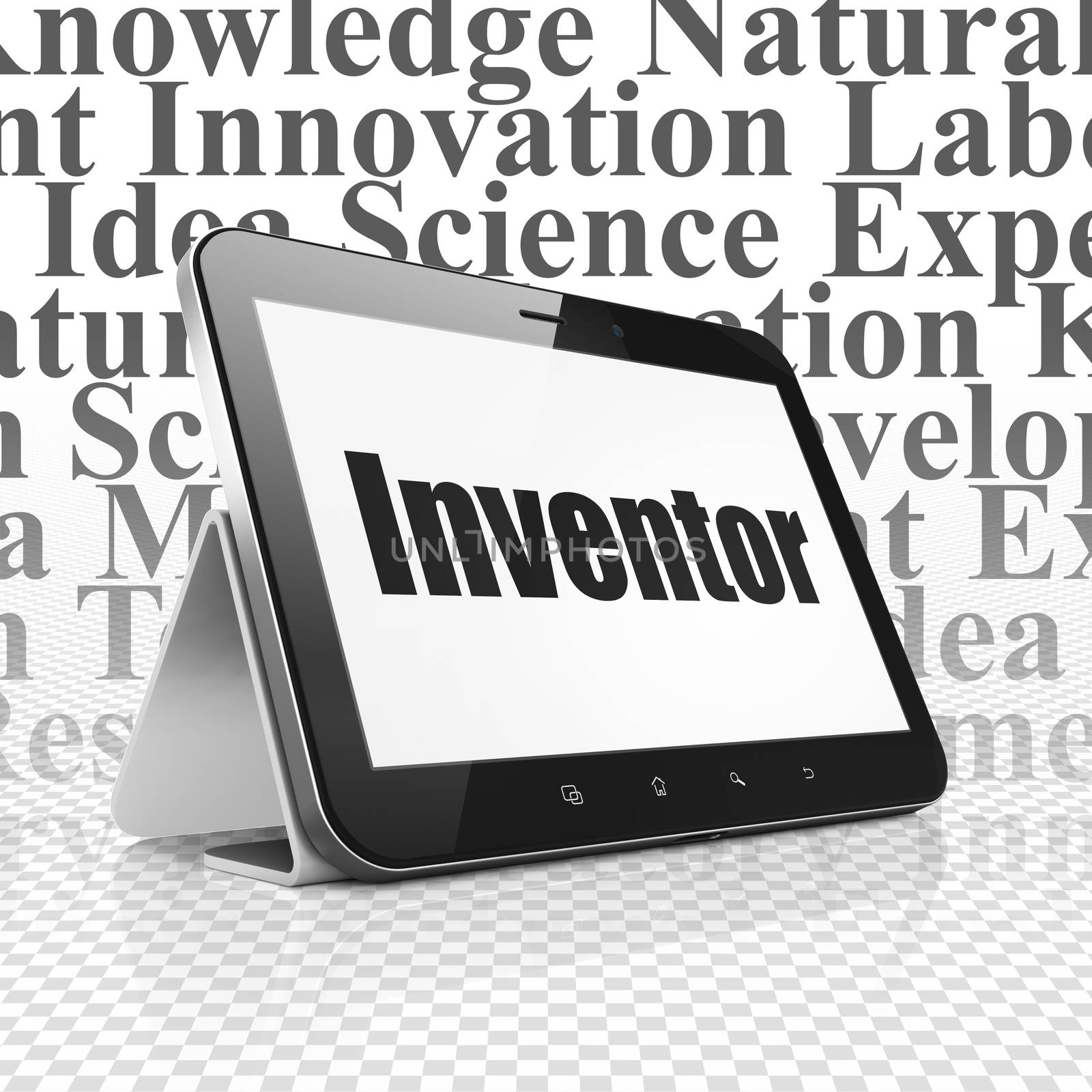 Science concept: Tablet Computer with  black text Inventor on display,  Tag Cloud background, 3D rendering
