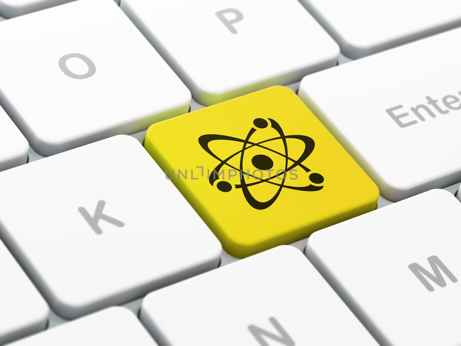 Science concept: computer keyboard with Molecule icon on enter button background, selected focus, 3D rendering