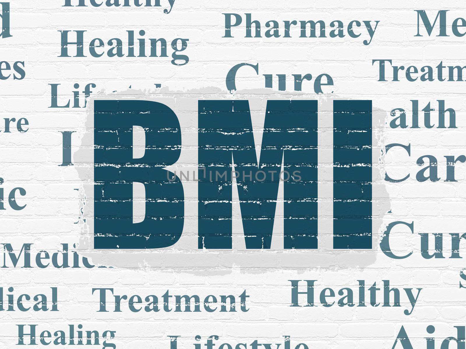 Healthcare concept: Painted blue text BMI on White Brick wall background with  Tag Cloud