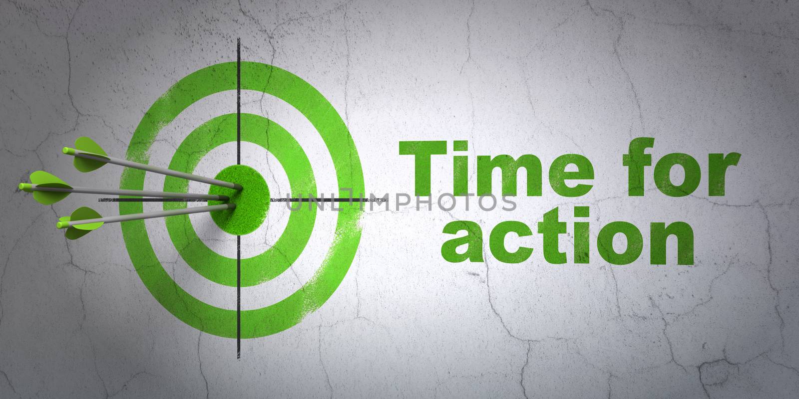 Success timeline concept: arrows hitting the center of target, Green Time For Action on wall background, 3D rendering