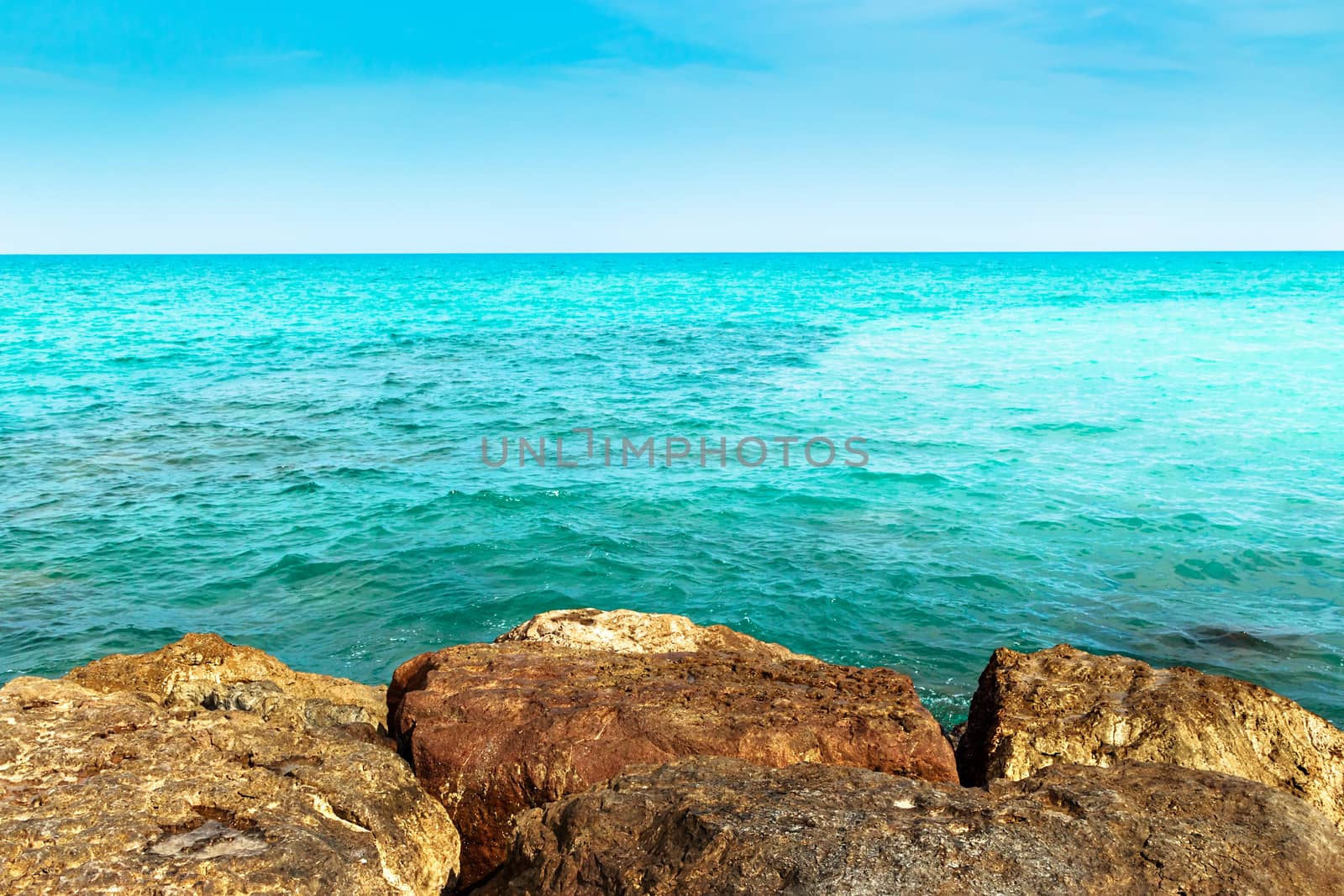 Stones of the sea breakwater. Horizontal image.
