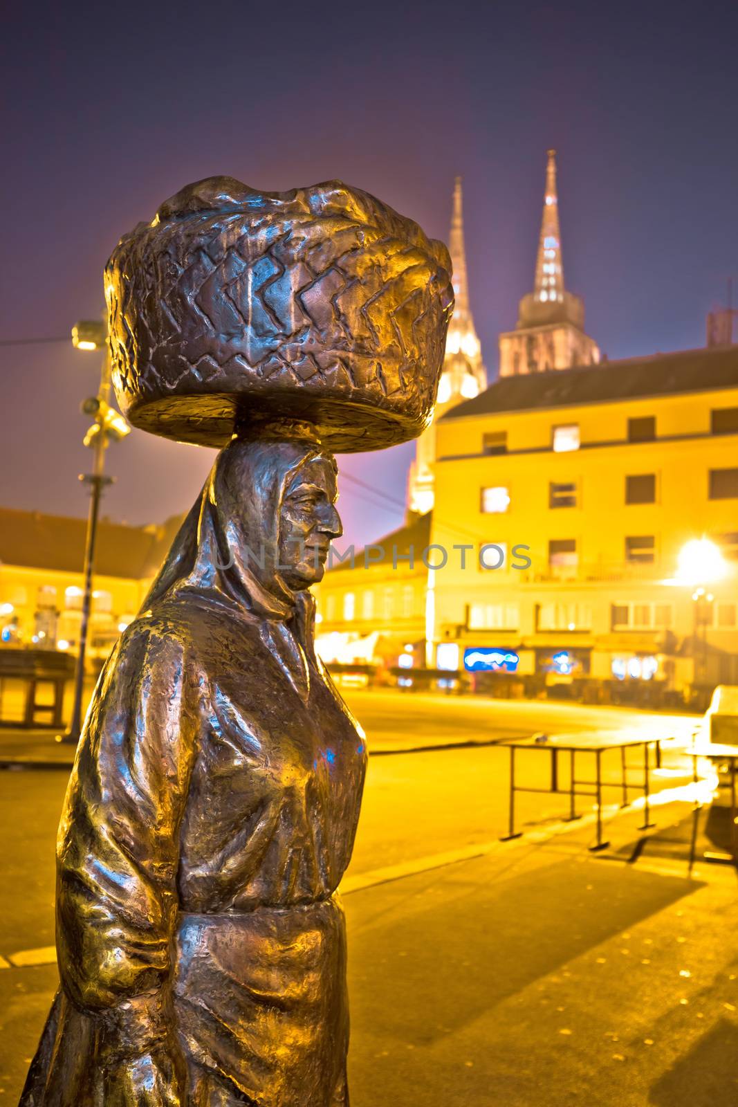 Dolac market of Zagreb statue evening view, capital of Croatia