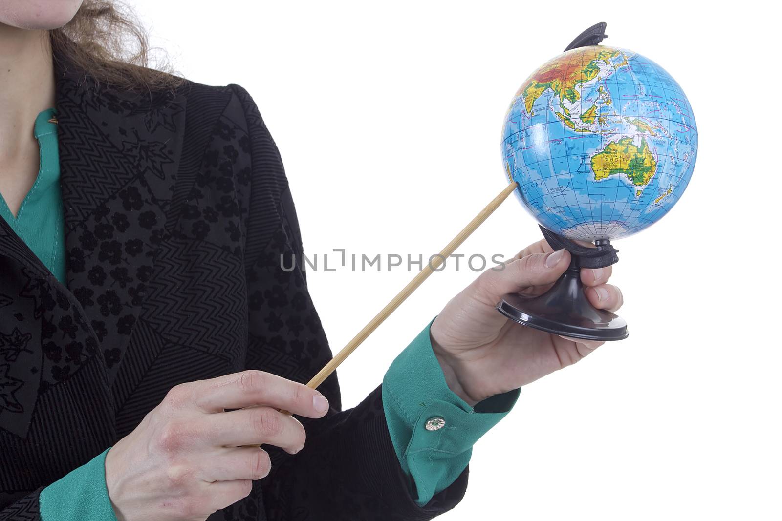 Strict woman teacher with a globe on a white background