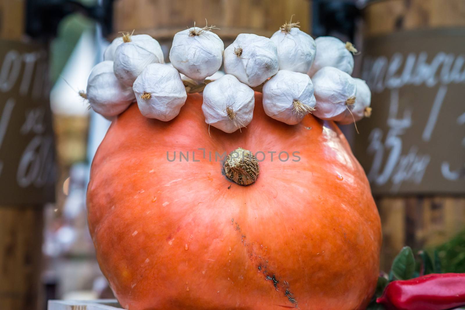 pumpkin is decorated with garlic at the fair