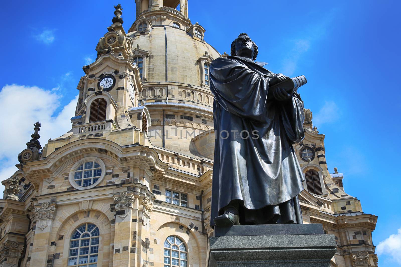 Frauenkirche (Our Lady church) and statue Martin Luther in the center of old town in Dresden, Germany