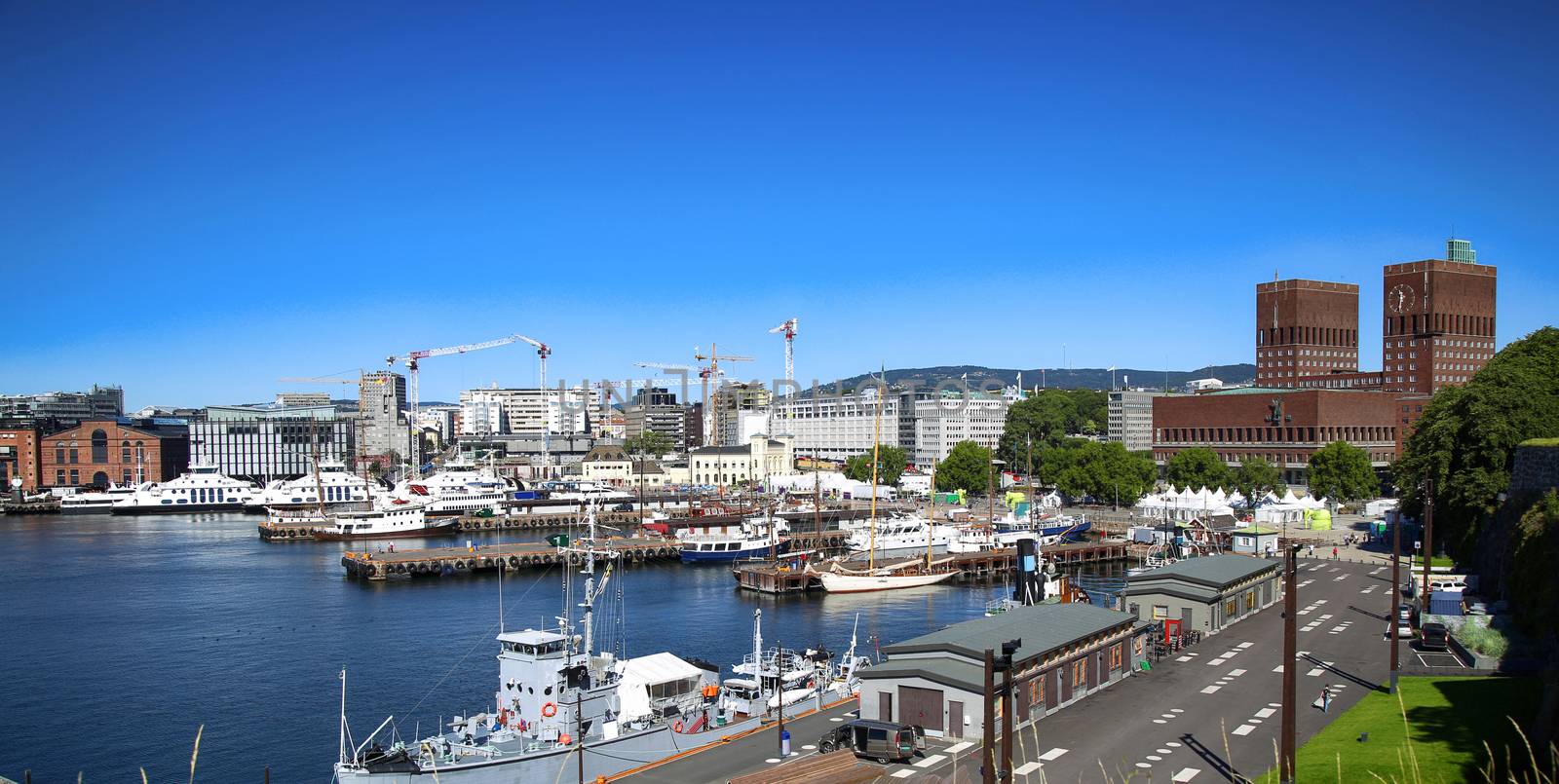 View of panorama on Oslo Harbour and Oslo City Hall in Oslo, Norway