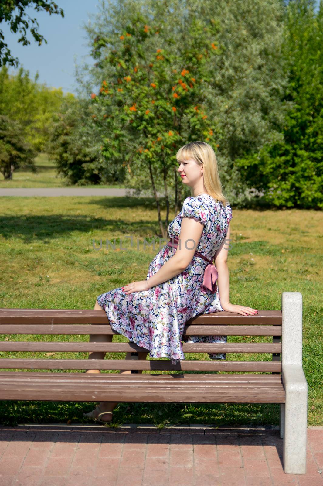 Pregnant woman sitting on wooden bench in park