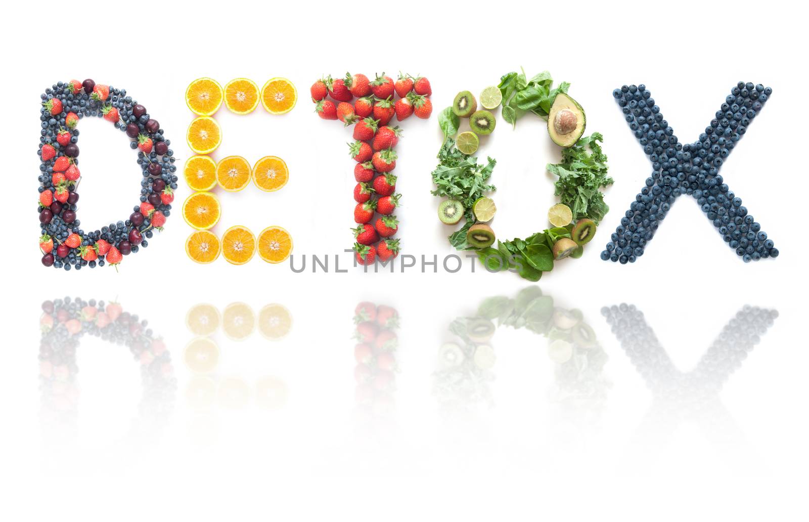 Detox spelt using different groups of fruits and vegetables over a white background