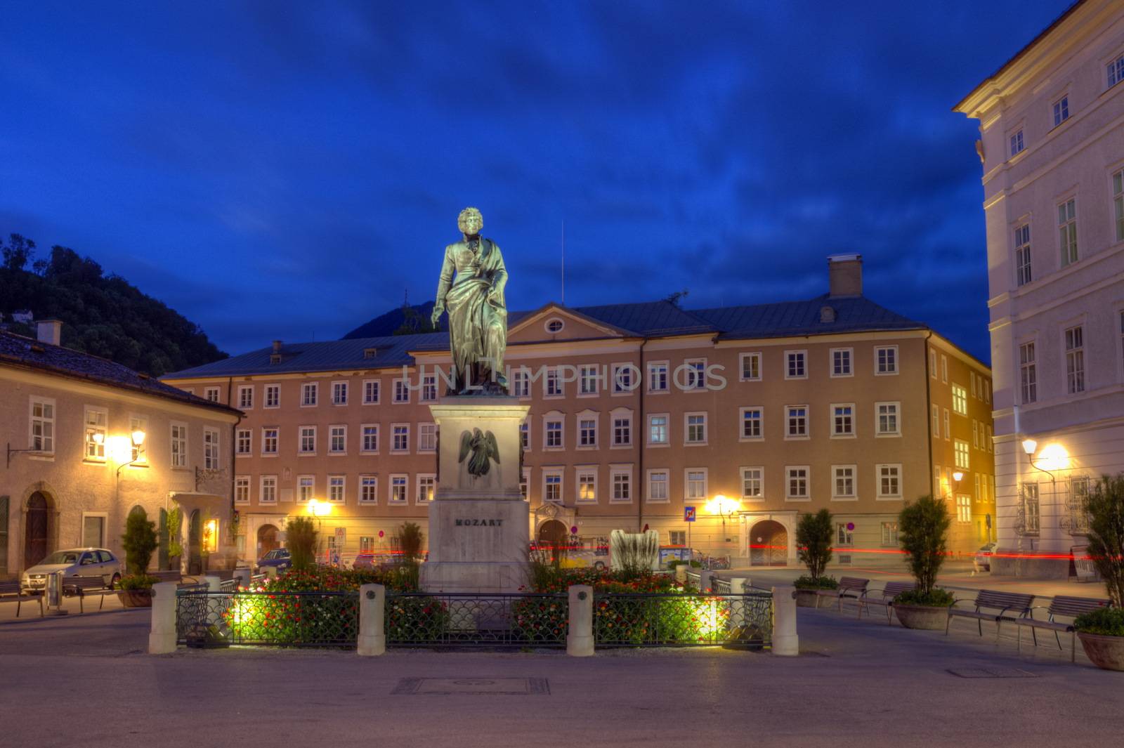Mozart statue on Mozart Square, Mozartplatz, in Salzburg by night, Austria, HDR