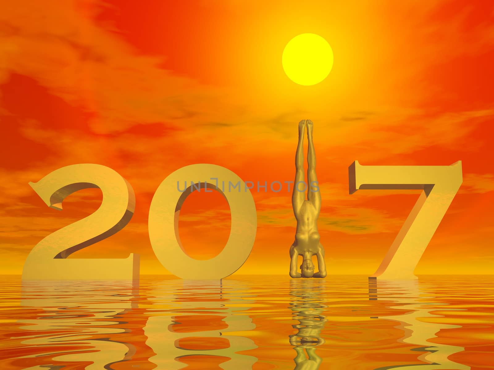 Peaceful and zen yogi new year 2017 in colorful sunset background - 3D render