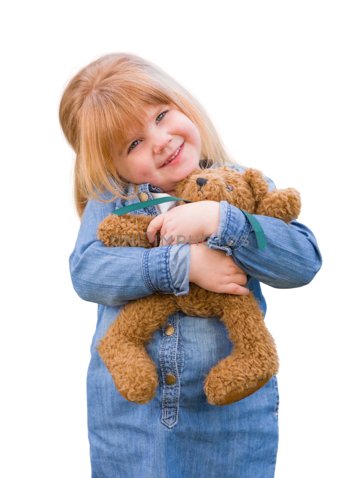 Cute Little Girl Holding Her Teddy Bear On White by Feverpitched