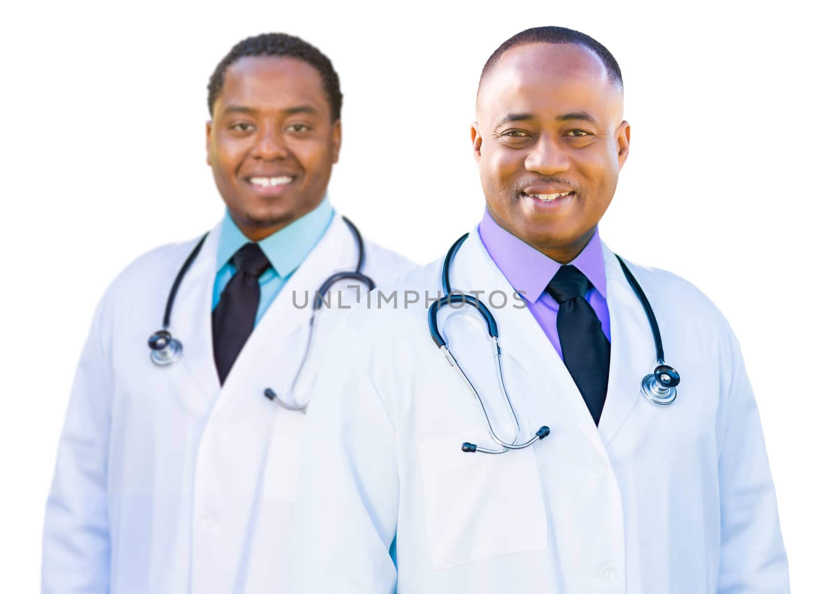 Two Handsome African American Male Doctors Isolated on a White Background.