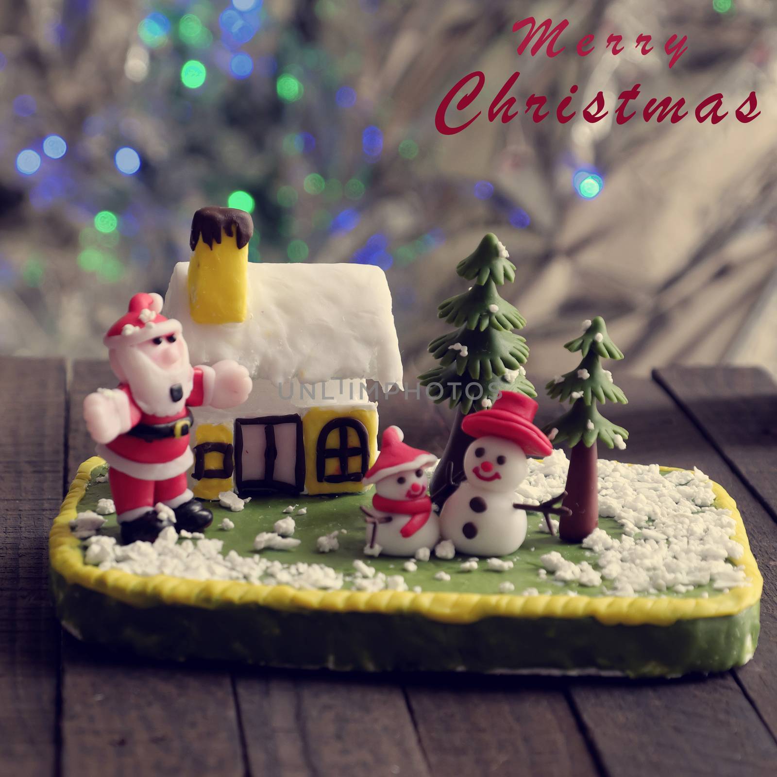 Merry Christmas background and happy new year from abstract handmade art, snowman, owl, bird, christmas tree diy from clay material, wonderful craft to make Xmas ornament for decor in winter holiday