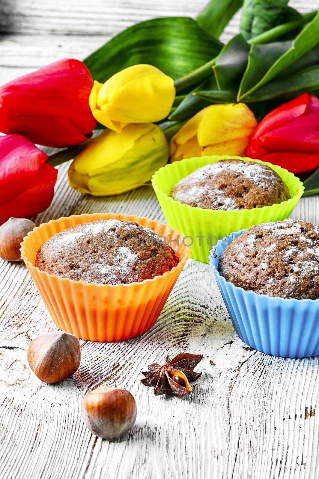 cupcake dessert and freshly cut tulips for Valentine's day