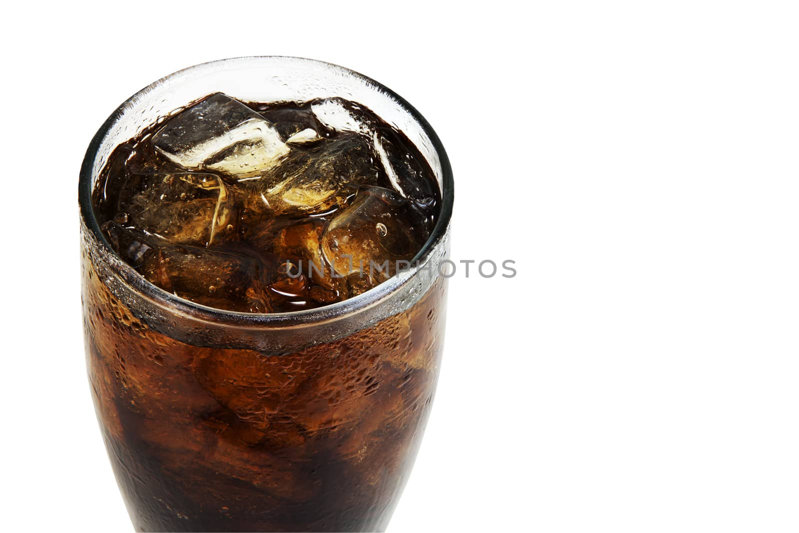 Close up soft drink with soda in glass with ice cubes on white background. objects with clipping paths