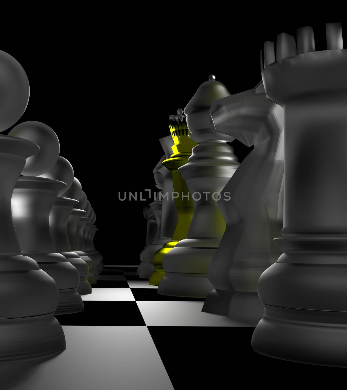 Close up of white chess pieces with golden queen at dark background - 3d rendering