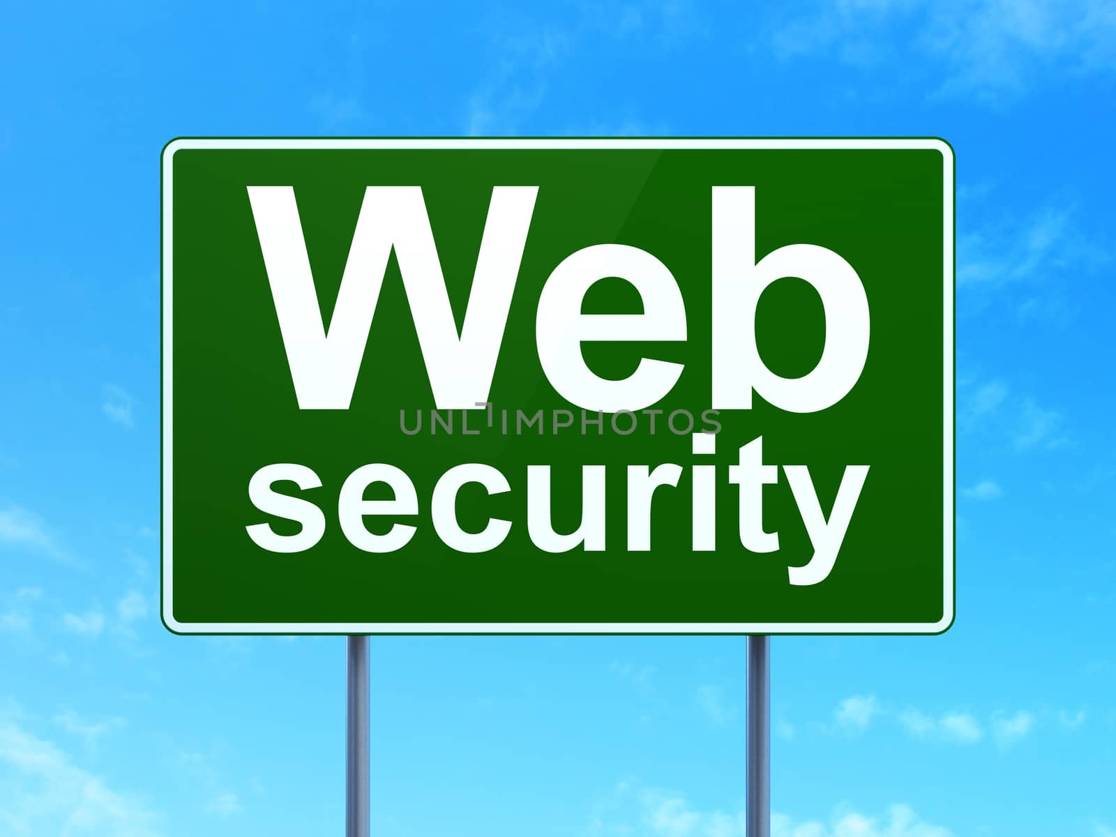 Protection concept: Web Security on green road highway sign, clear blue sky background, 3D rendering