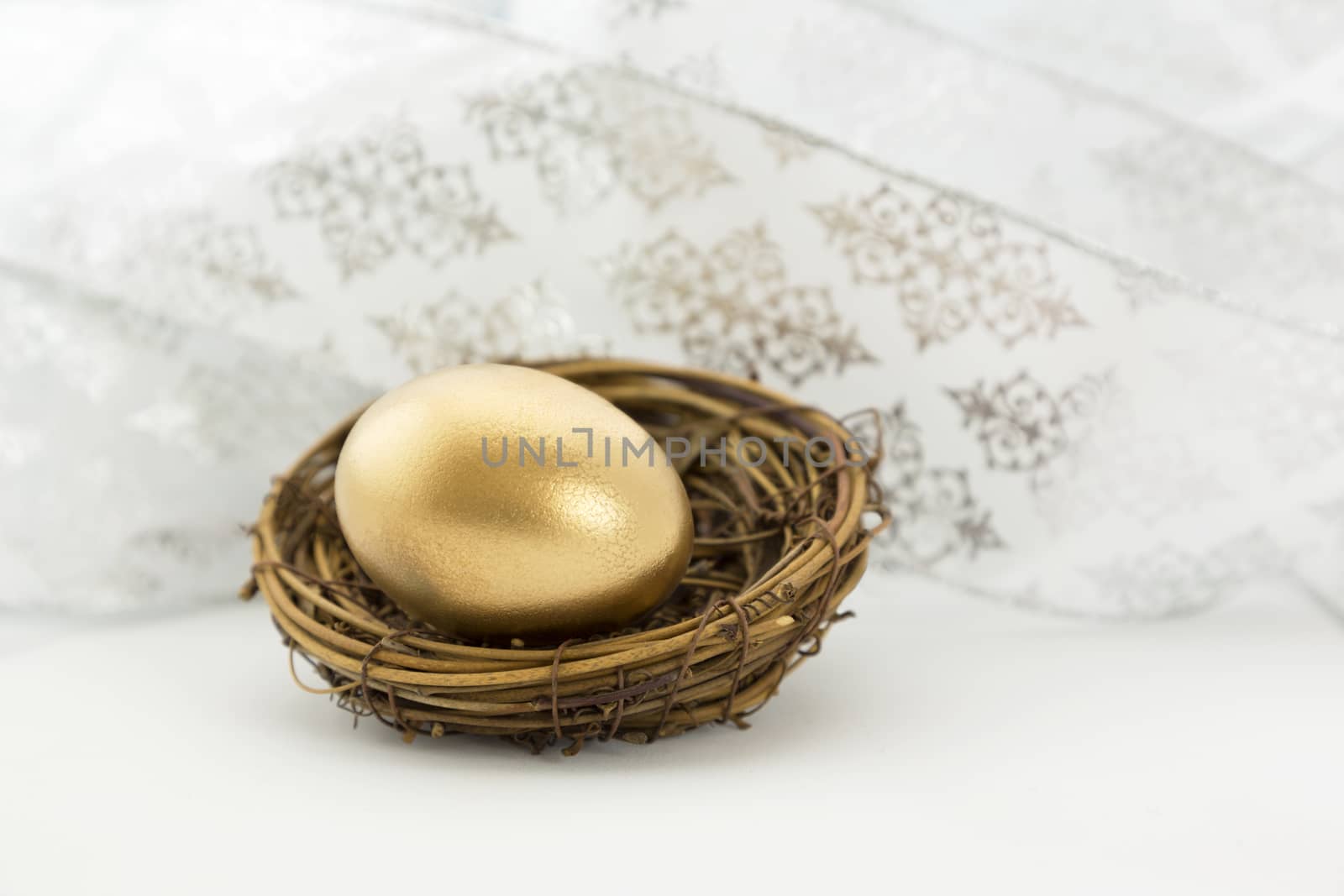 Celebration with gold nest egg in front of white ribbons by fmcginn