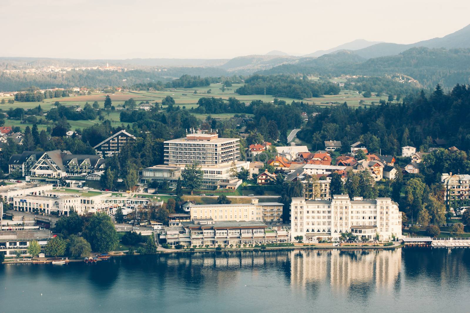 View from the castle to Lake Bled and the surrounding neighborhood. Slovenia