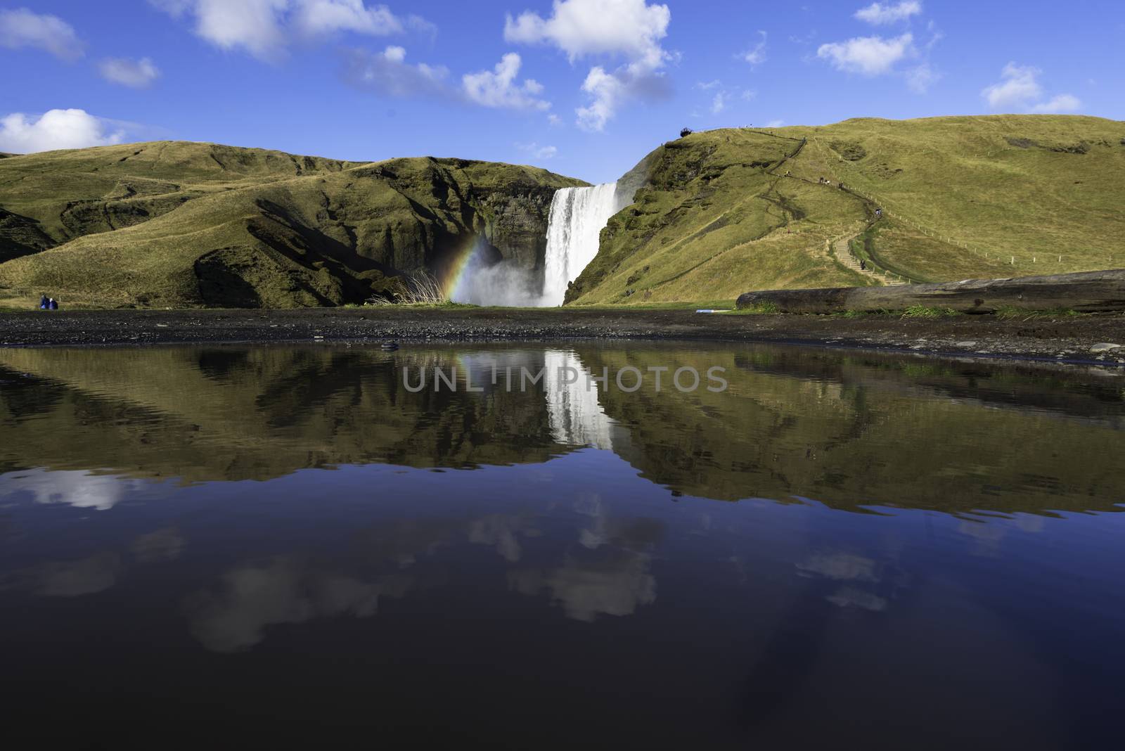 Skogafoss is a waterfall situated on the Skoga River in the south of Iceland at the cliffs of the former coastline