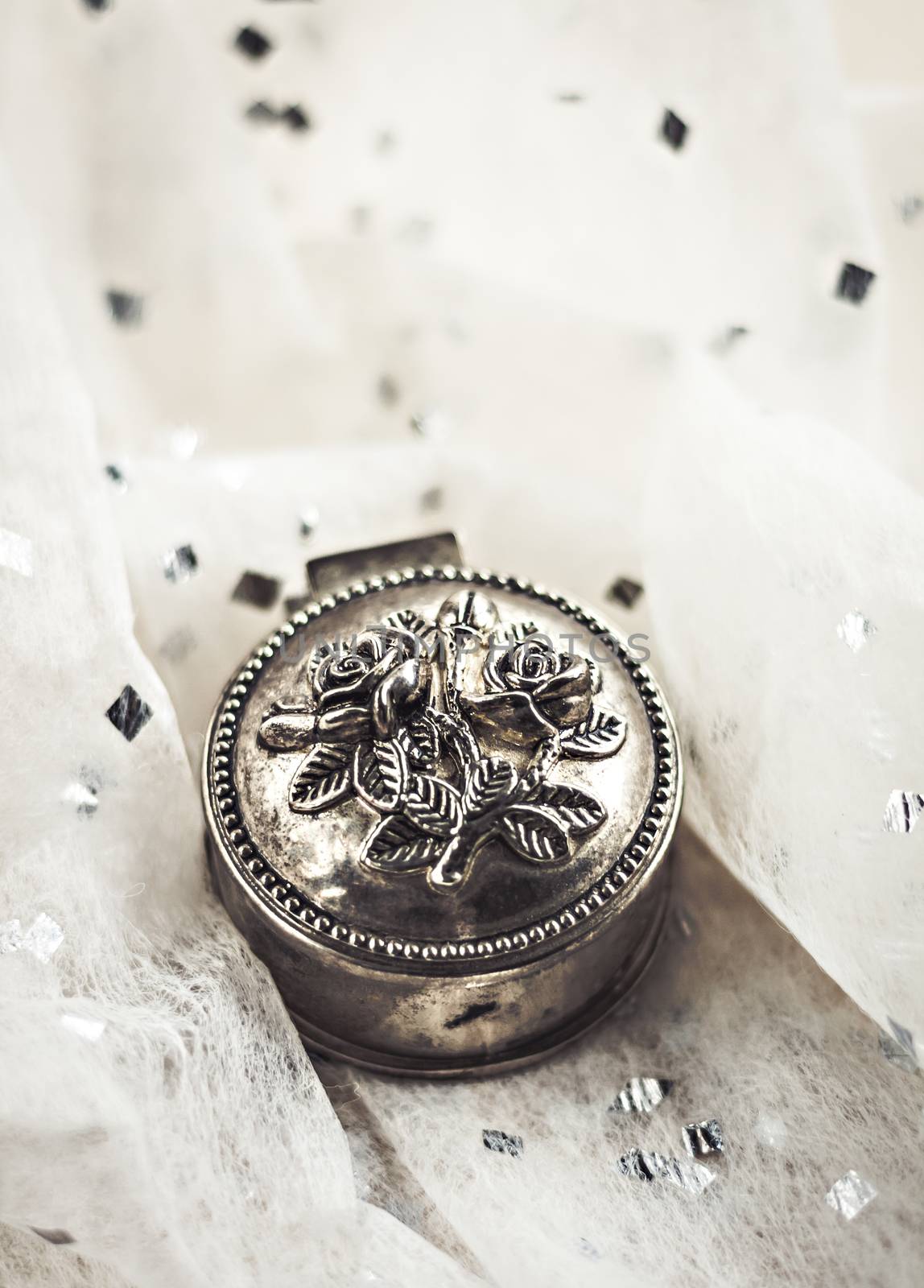 vintage metal forged round box with jewelery by Tanacha