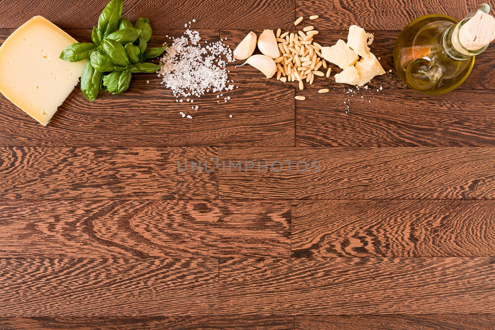 Natural ingredients for pesto genovese seen from above