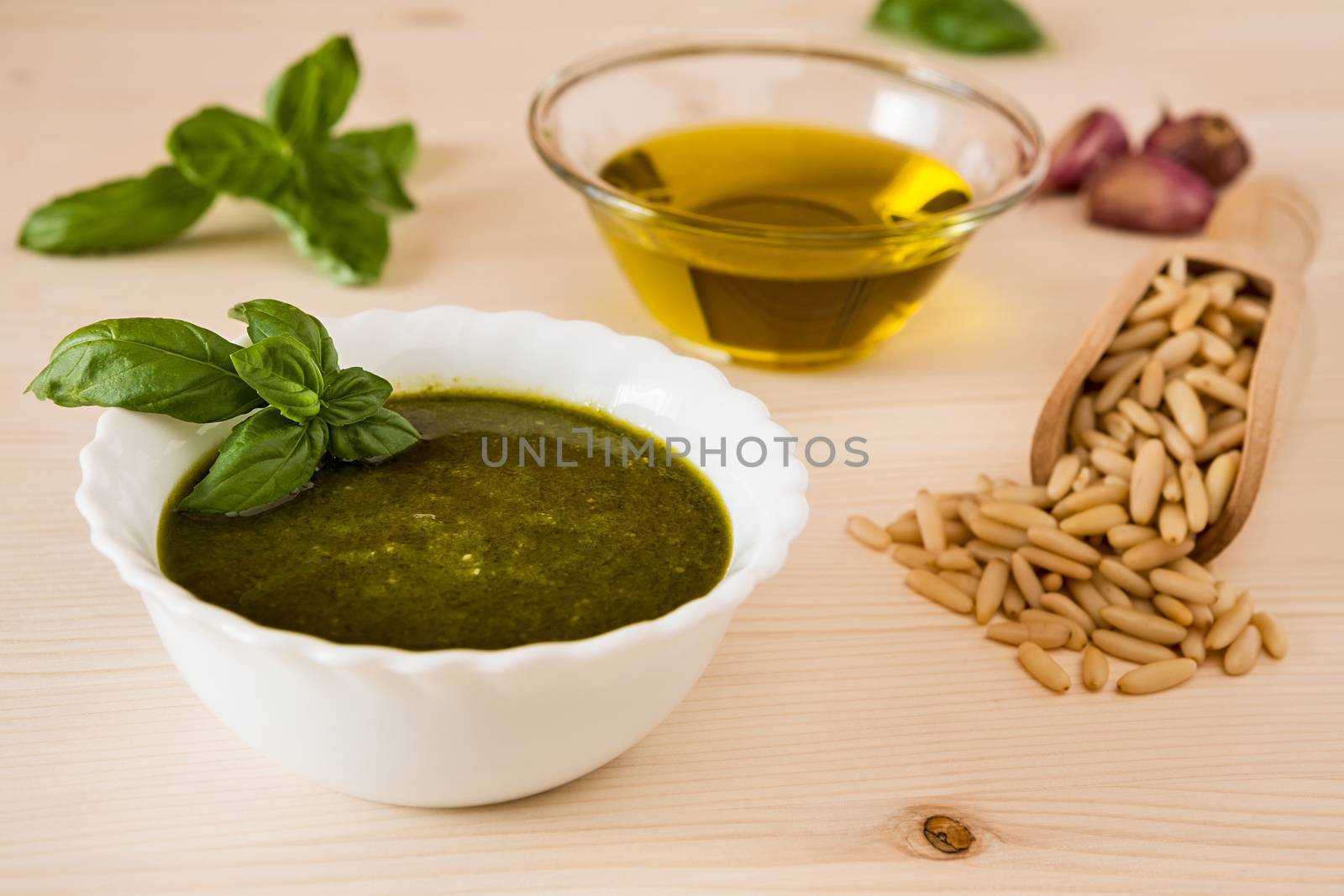 Closeup of pesto genovese sauce on a table