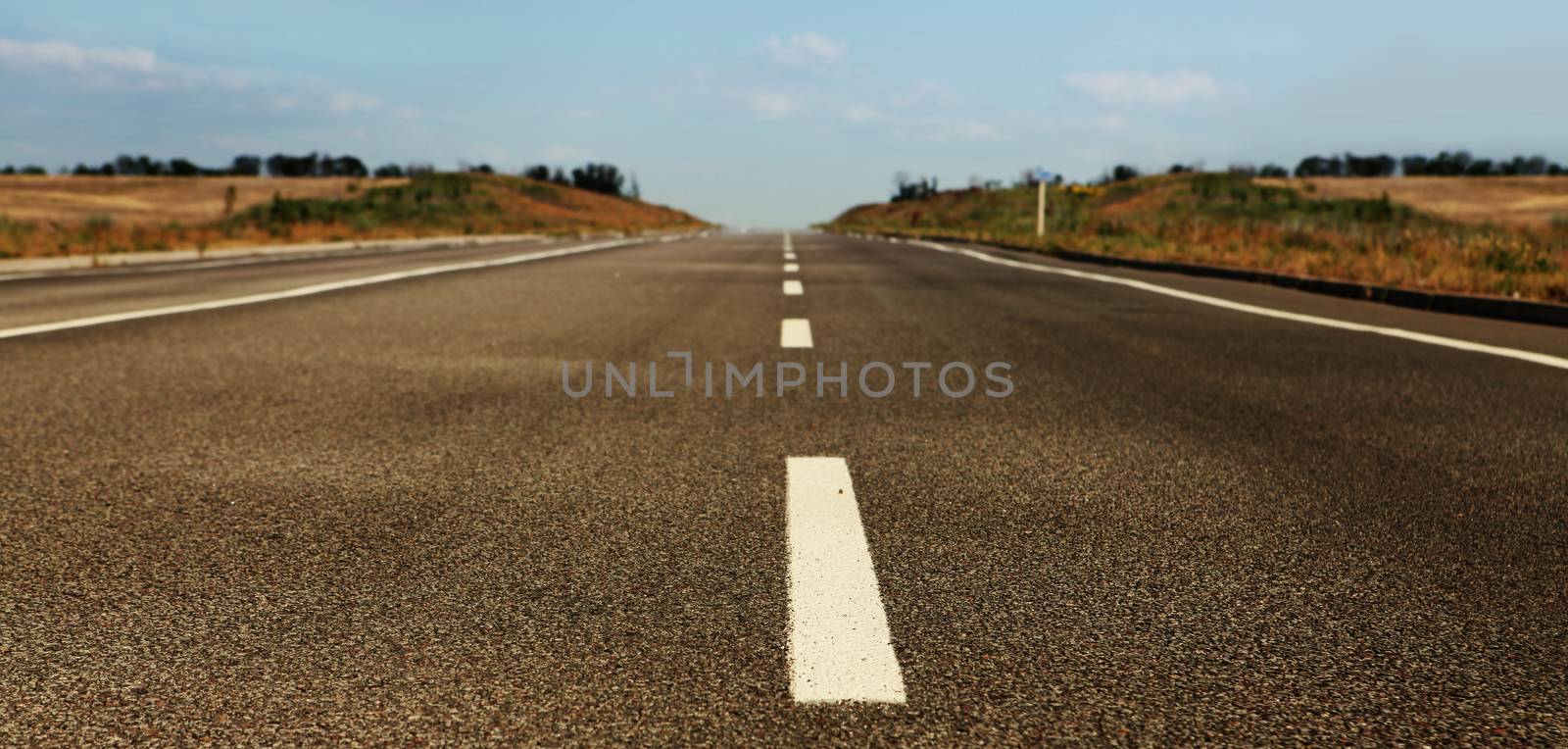 asphalt road through the field on blue sky in summer day