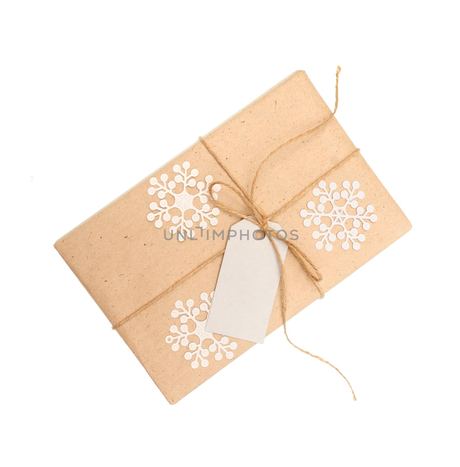 gift box of kraft paper with a tag for text on a white background.