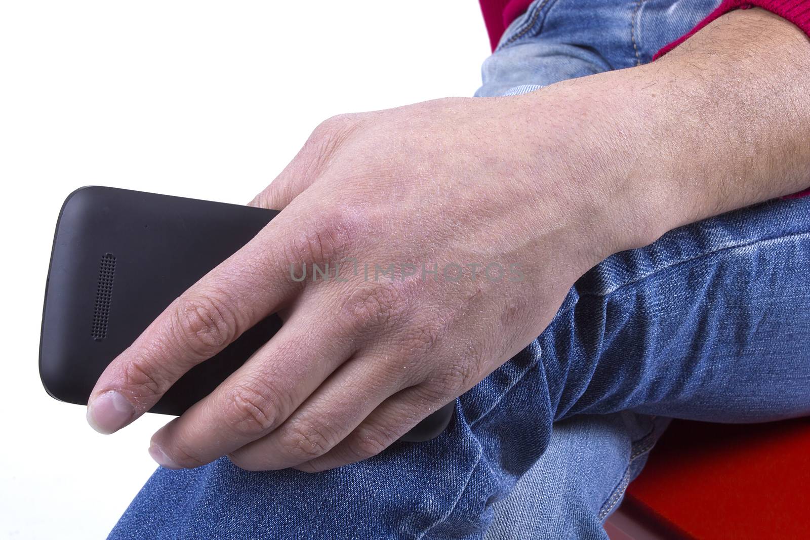 Man hand holding a mobile phone on white background