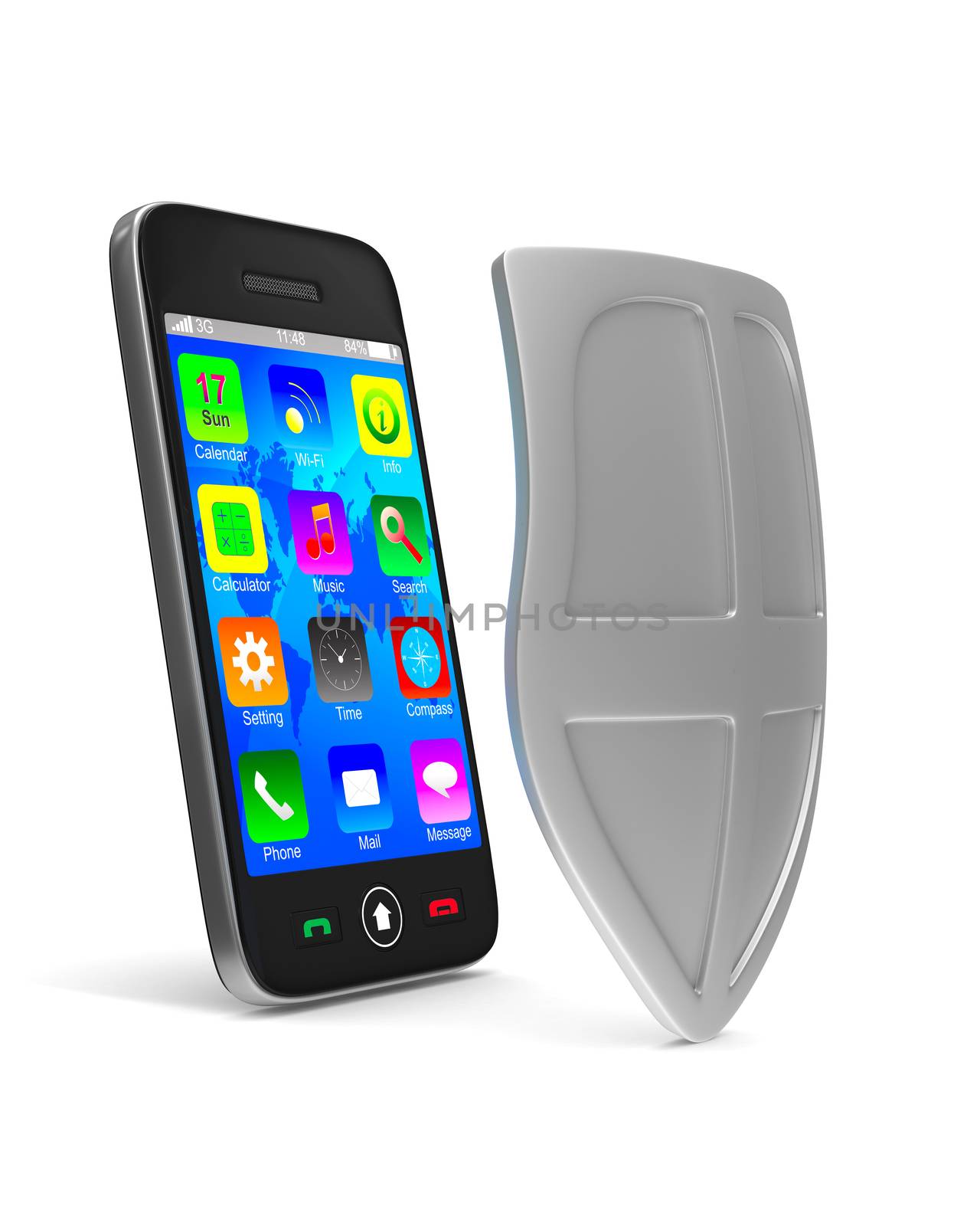 phone and shield on white background. Isolated 3D image