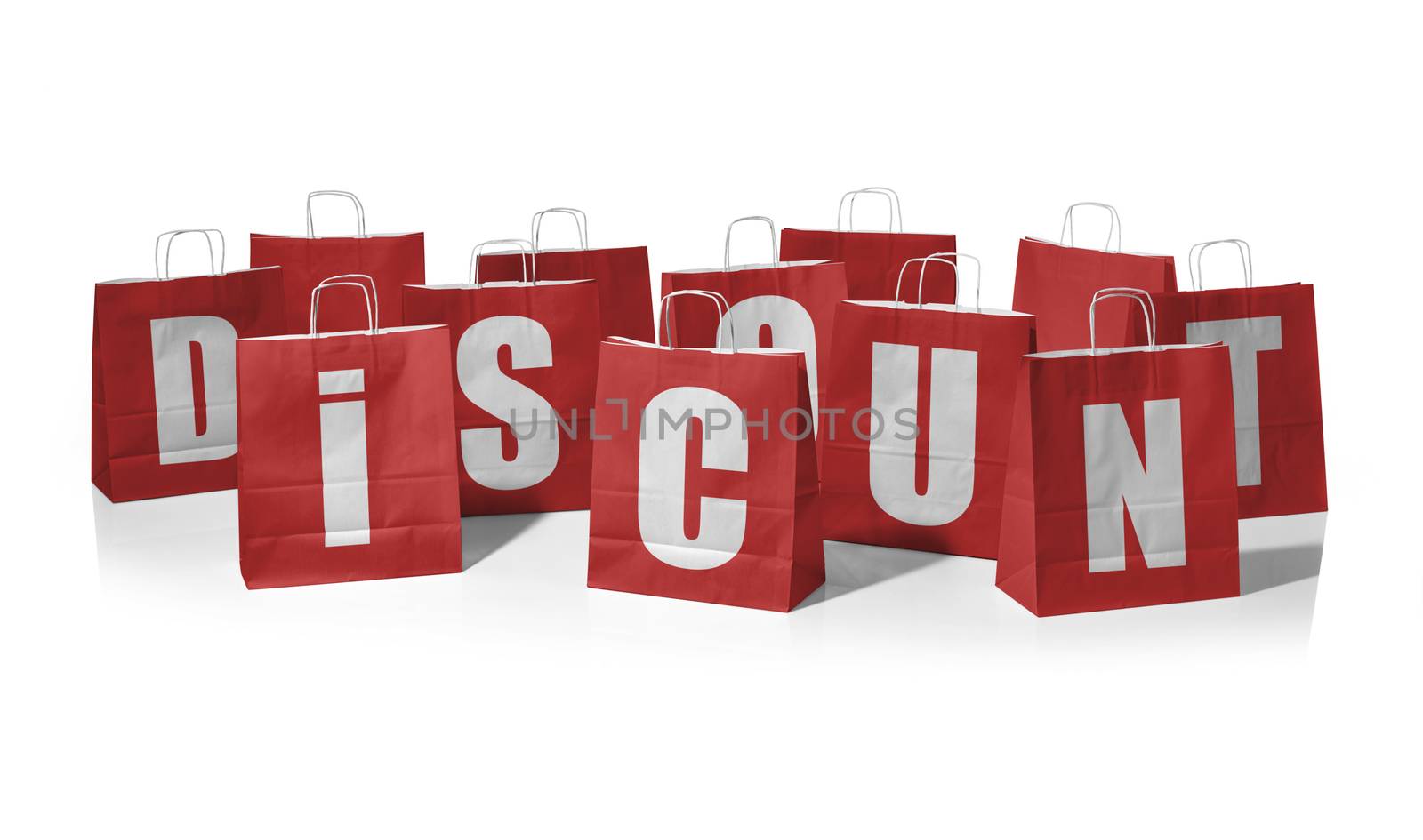 Red shopping bags forming the word discount on a white background
