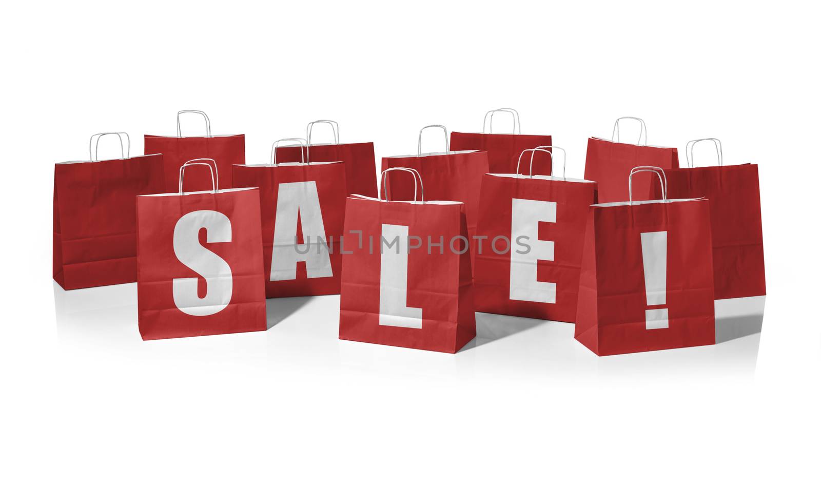 Red shopping bags forming the word Sale! on a white background