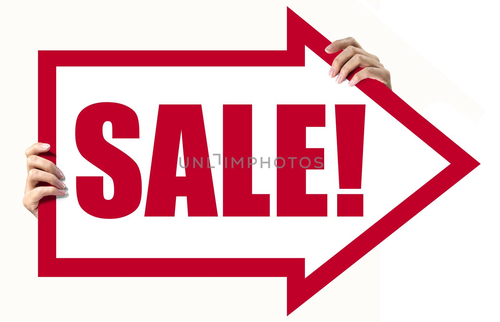 Woman hands holding a arrow made of red paper with the word sale!. Isolated on white.