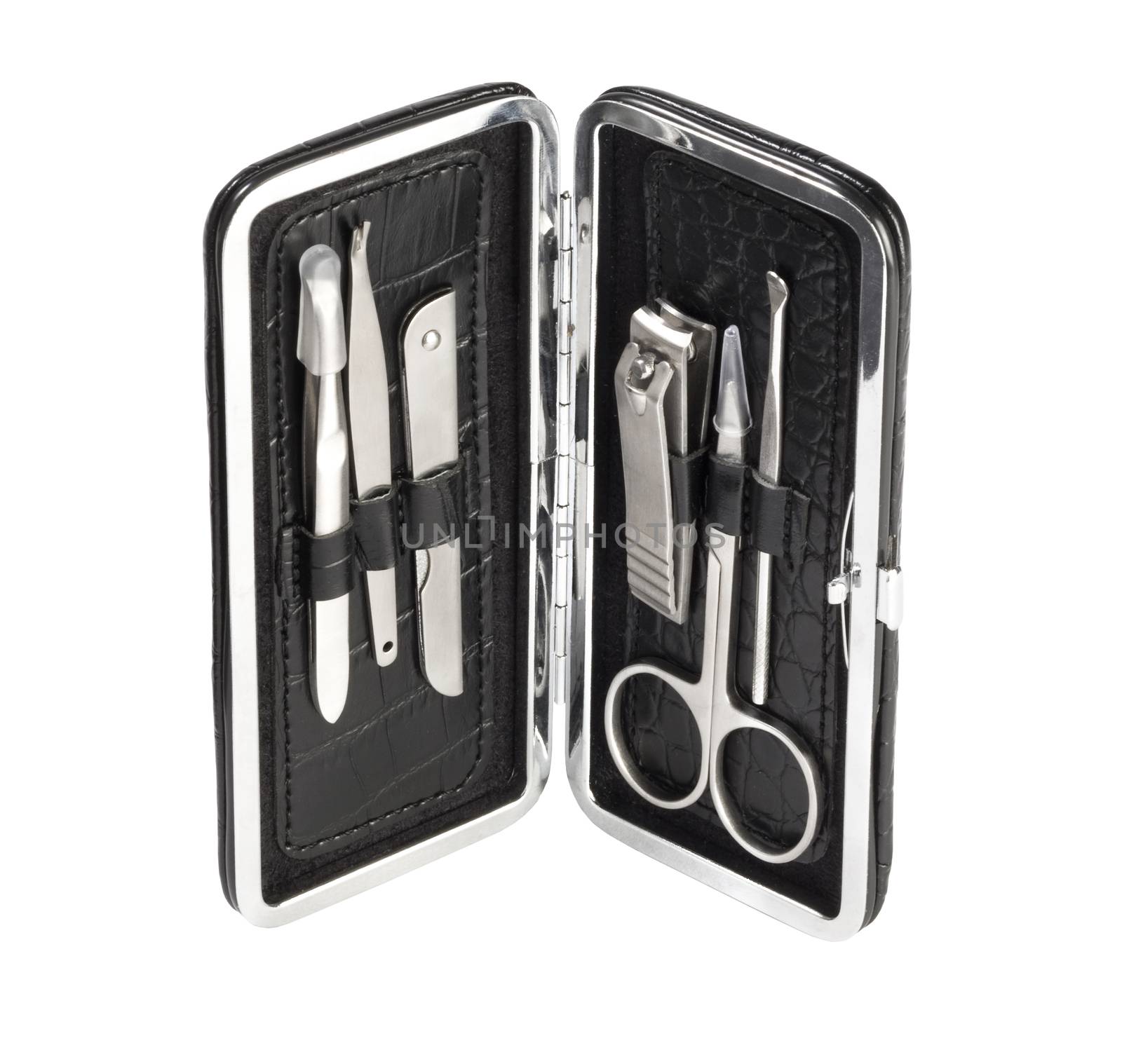 Cosmetics and accessories for manicure or pedicure, nail file, nail polish and remover, scissors, nail clippers, concept of nail care
