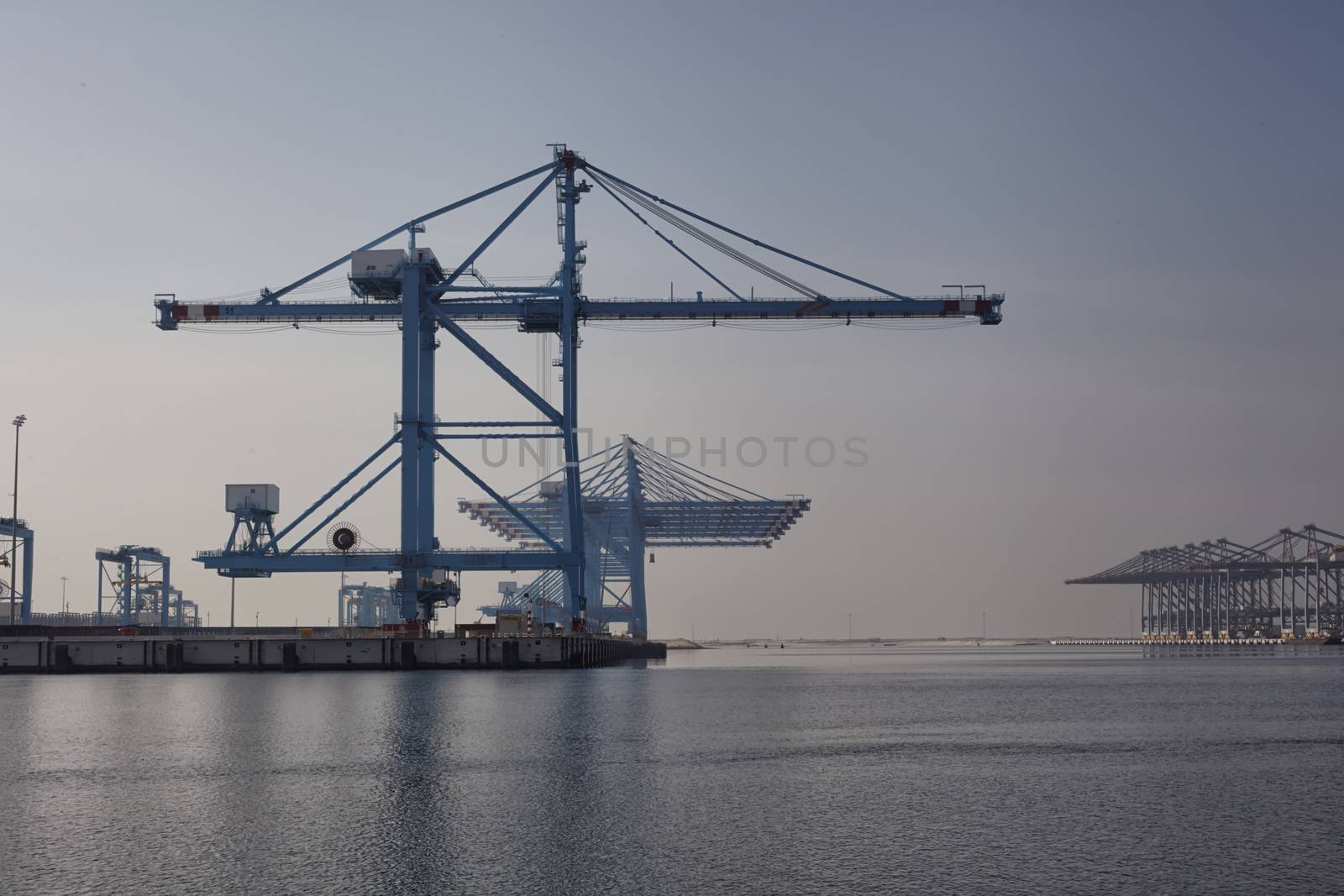 Deserted port terminal in the morning in a harbour for loading and offloading cargo ships and freight with rows of large industrial cranes to lift goods off the decks and from the holds