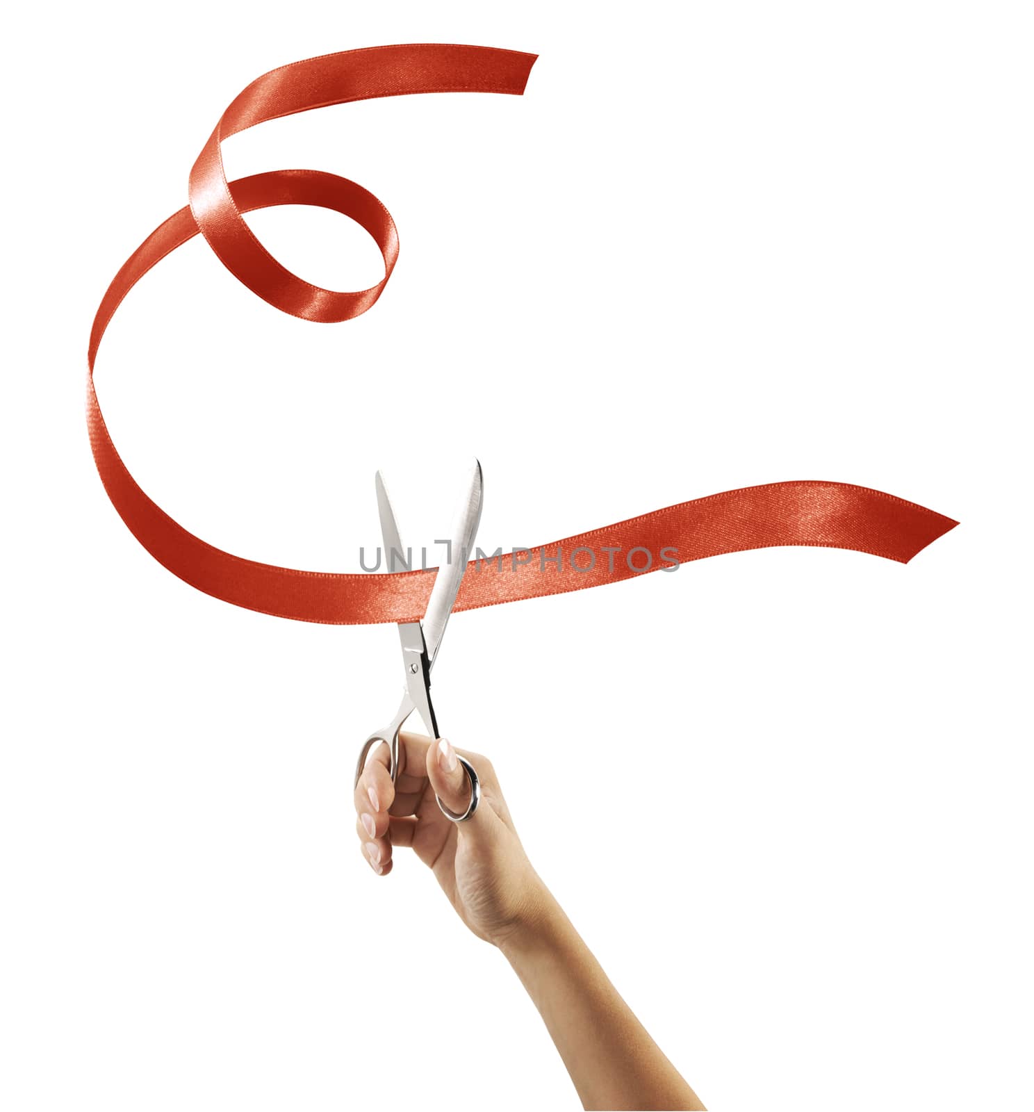 Scissors cutting through red ribbon or tape, isolated on white.
