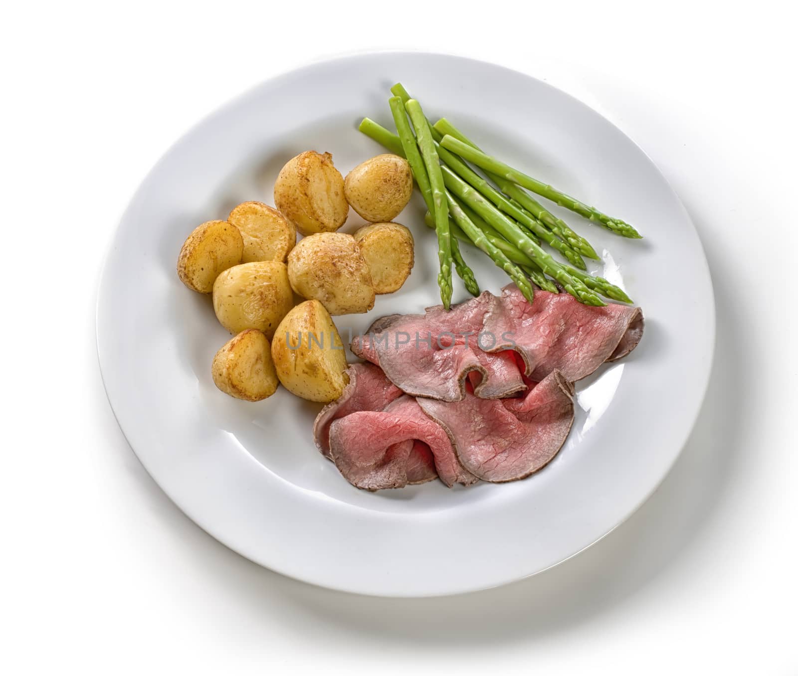 slices of roast beef with potatoes on a white plate

