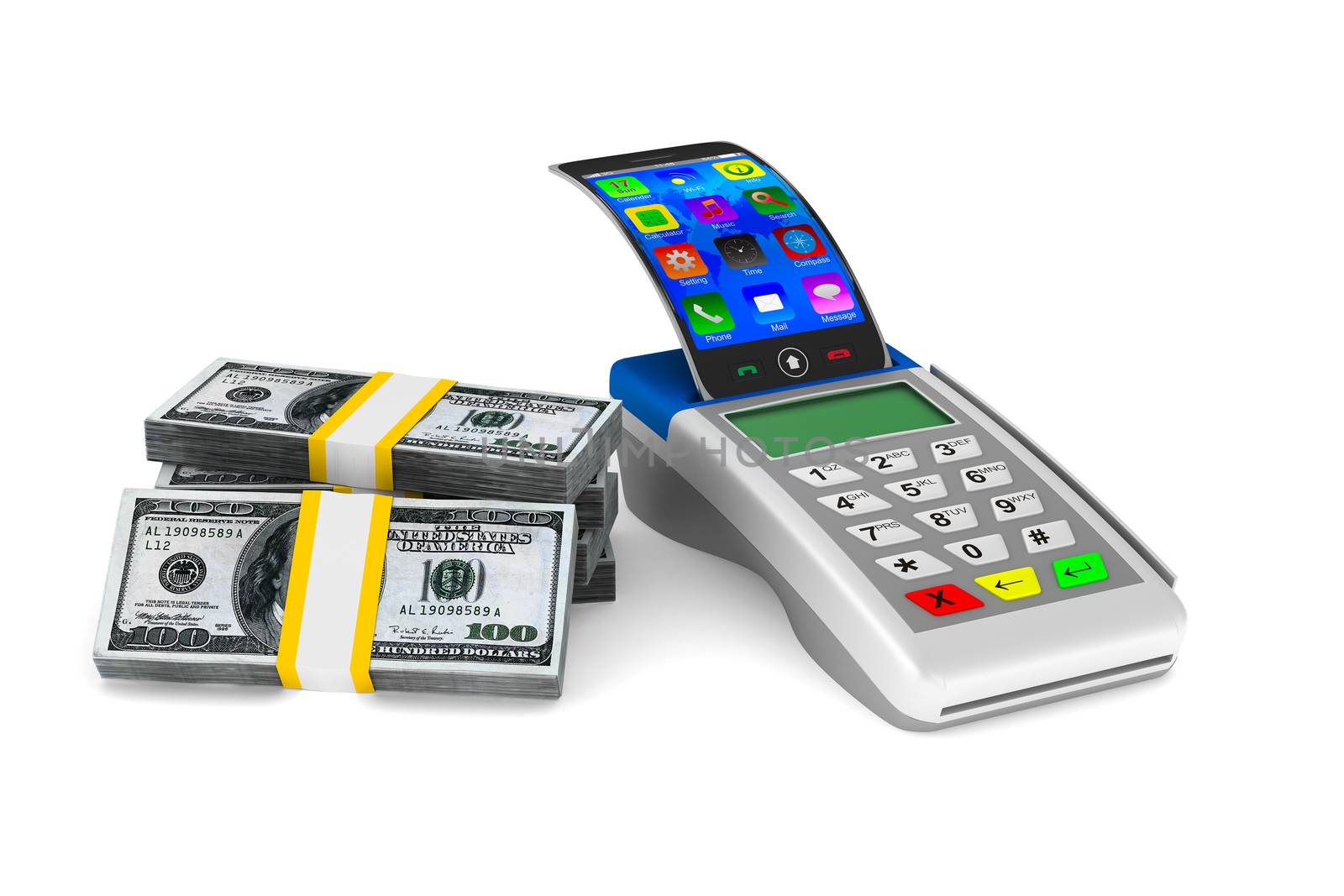 payment terminal and cash on white background. Isolated 3d image by ISerg
