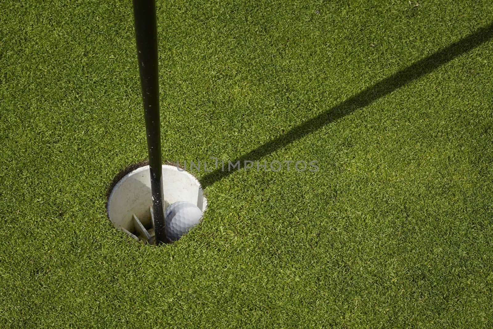 Golf ball sit inside cup on golf course putting green with flag. by janssenkruseproductions