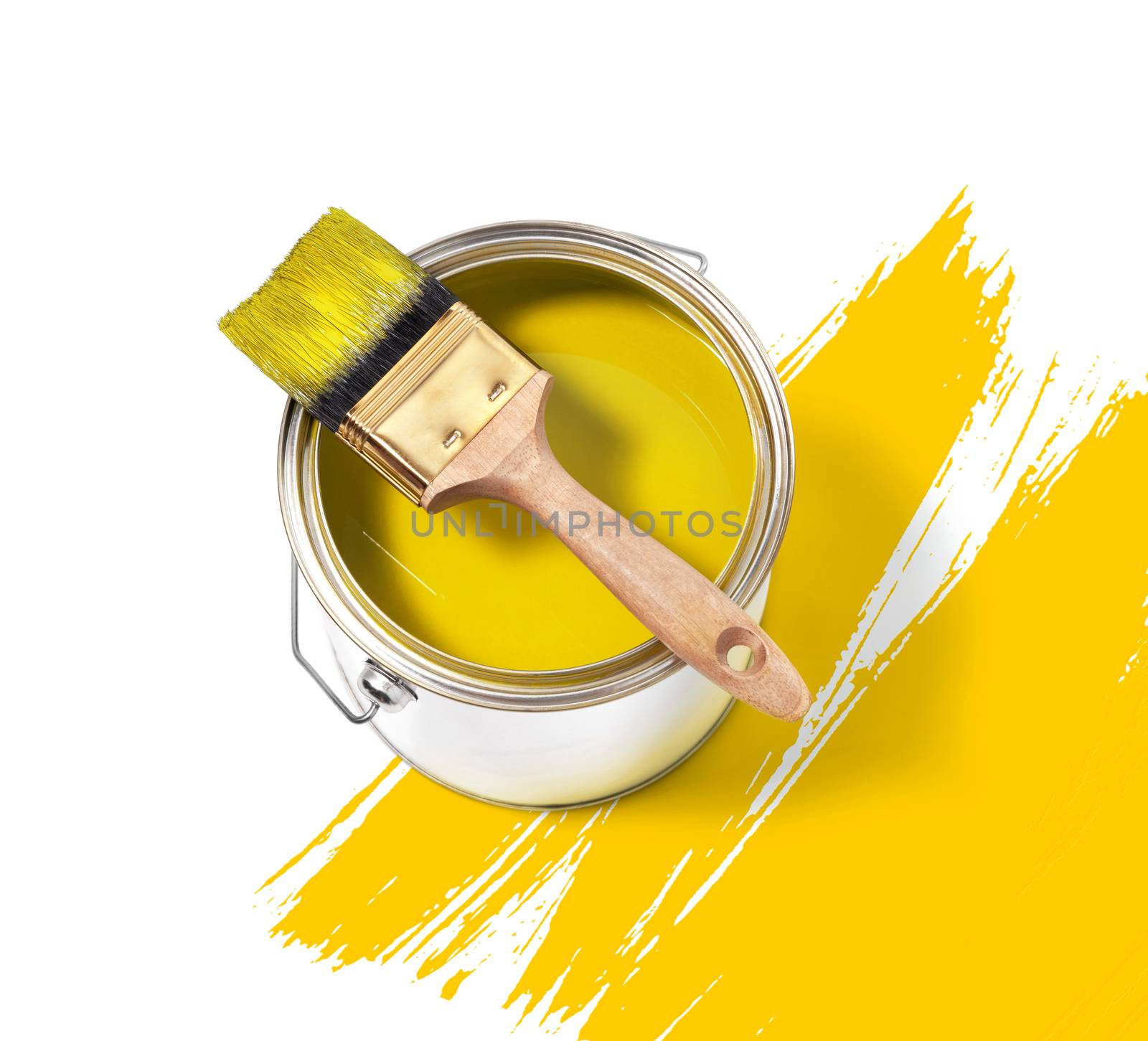 Yellow paint tin can with brush on top on a white background with yellow strokes by janssenkruseproductions