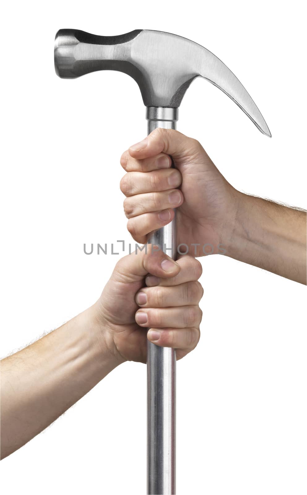 Two hands holding a hammer. isolated over white background by janssenkruseproductions