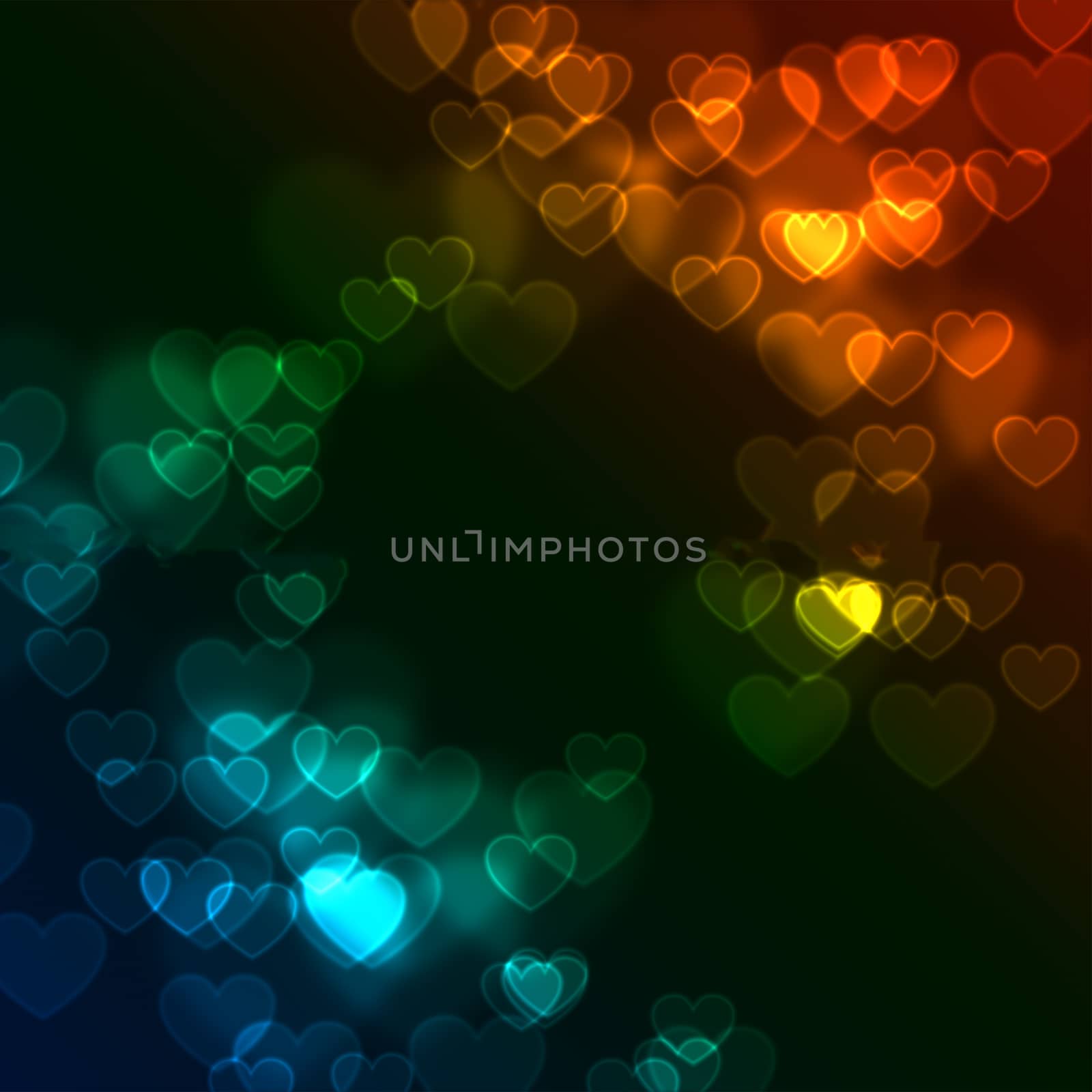 a blue bokeh background with multi-colored hearts
