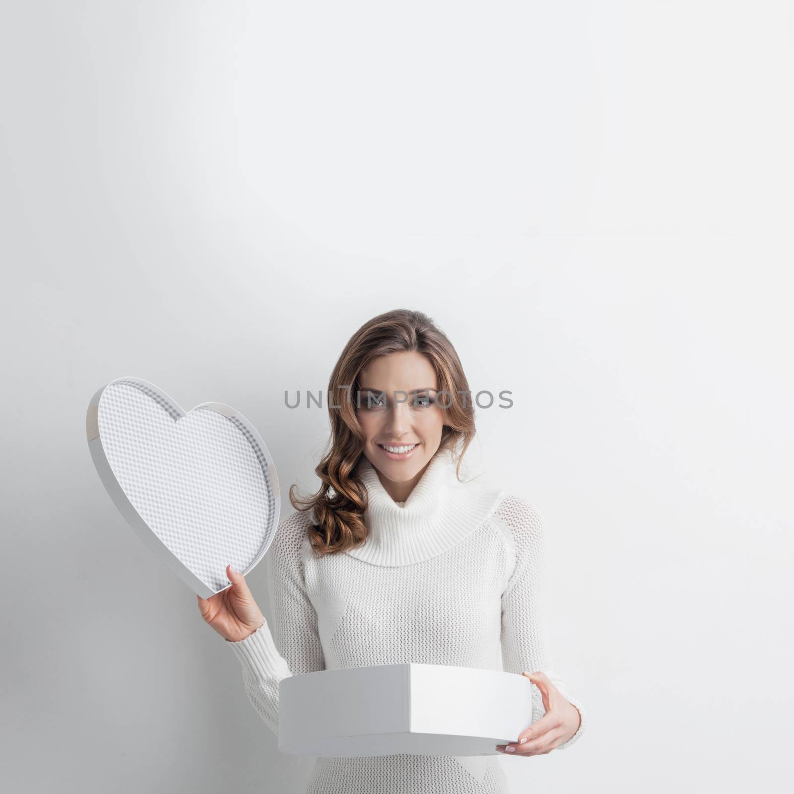 Woman open heart shaped box, Valentines day love concept