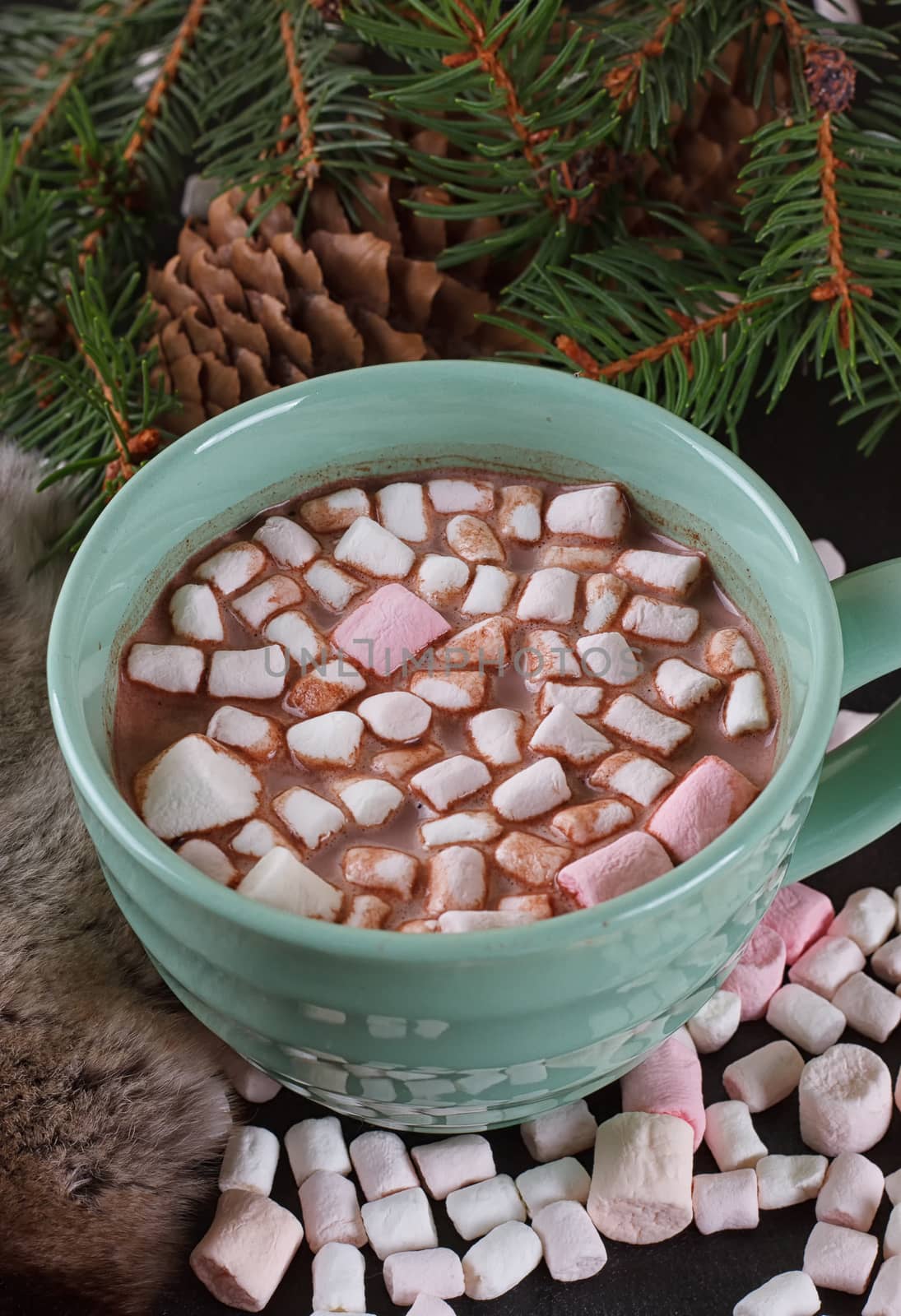 Hot chocolate with marshmallows and fur around.