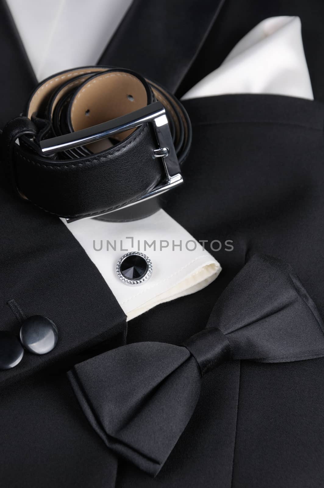 Scarf, belt, cufflinks, tie butterfly necessary set of accessories for tuxedo